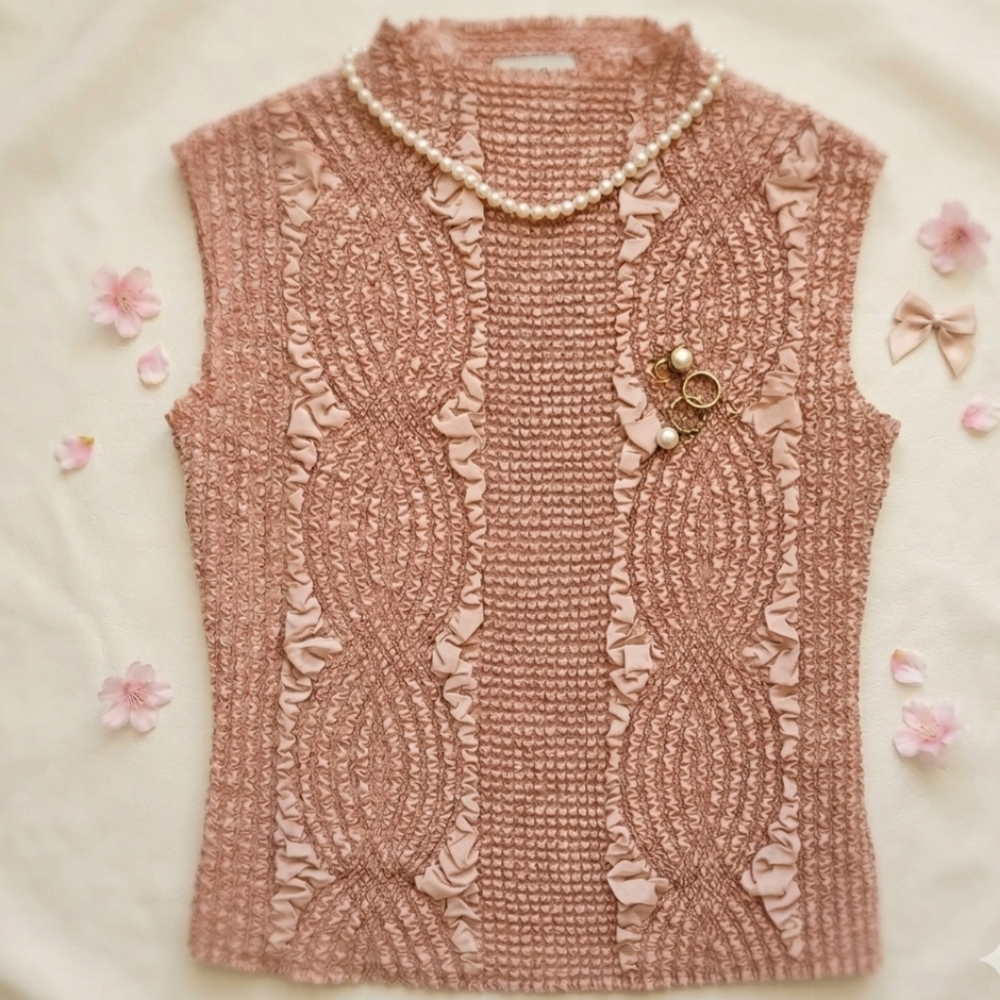 Bellissima Fashions XL Pink Smocked Top Sleeveless Y2K Textured Ruffle Blouse